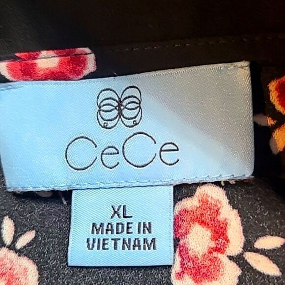 CeCe Black Blouse with Pink Flowers, Black Stand-up Collar, Size XL - Picture 8 of 9